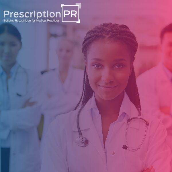 A confident healthcare professional with a stethoscope stands in the foreground, symbolizing New Age medical practice recognition, with her SEO for Doctors team in the background.