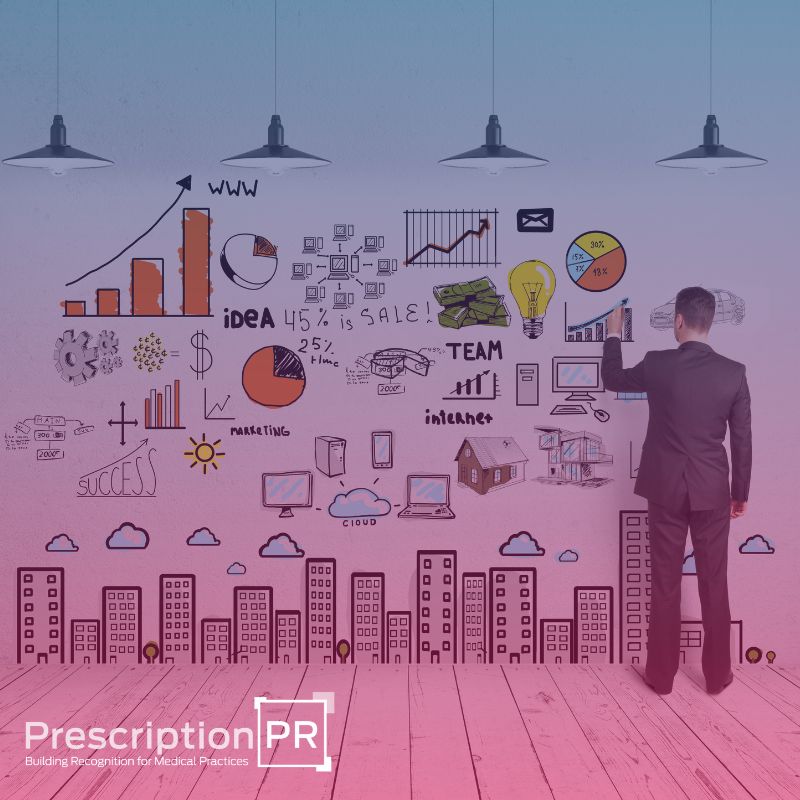 A businessman using digital marketing tools to draw on a wall with the words prescription pr.