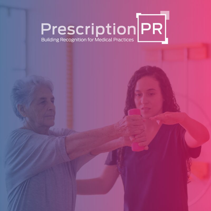 A woman is holding a dumbbell with the words "prescription pr" which highlights the use of Physical Therapy.
