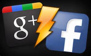Google Plus and Facebook logos on a black background showcase the rivalry between the two social media platforms.