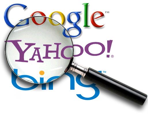 A magnifying glass with the words google and yahoo.