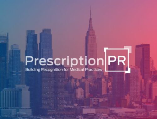 A graphic overlay with "New York Healthcare - building recognition for medical practices" on a city skyline backdrop at sunset.