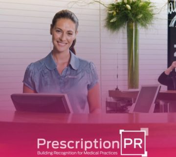 A woman exemplifies successful customer service by standing in front of a desk with the words prescription pr 