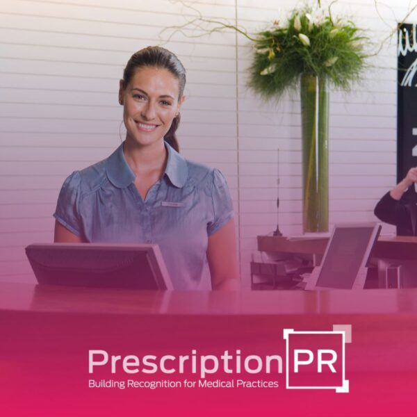 A woman exemplifies successful customer service by standing in front of a desk with the words prescription pr 